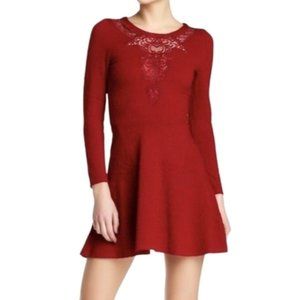 THE Kooples Dentelle Dress Red Lace A-Line Mini Skater Long Sleeve size Small